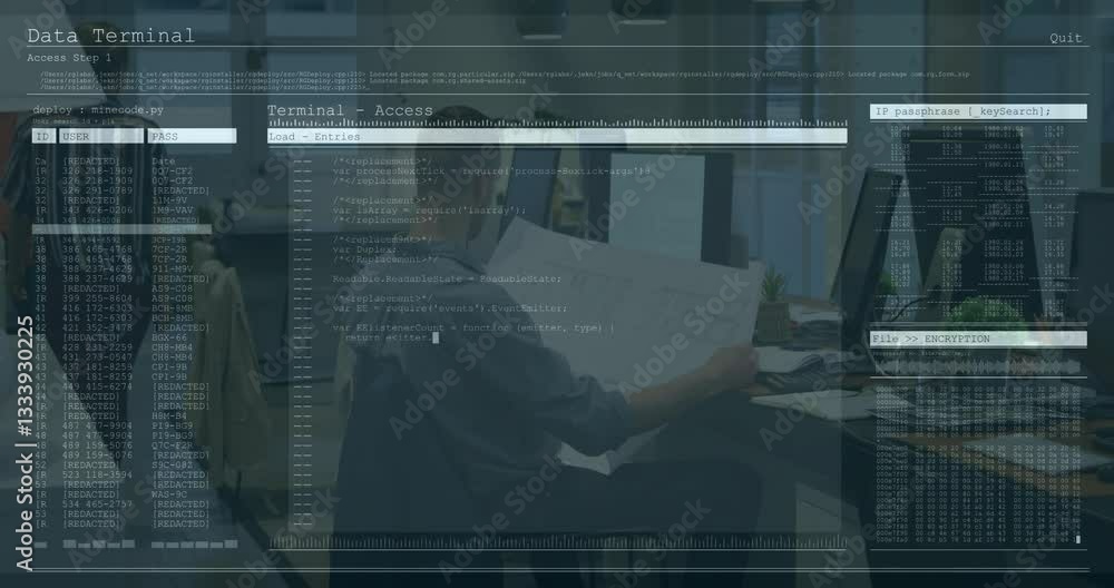 Poster person at desk analyzing architectural plans with data processing overlay animation