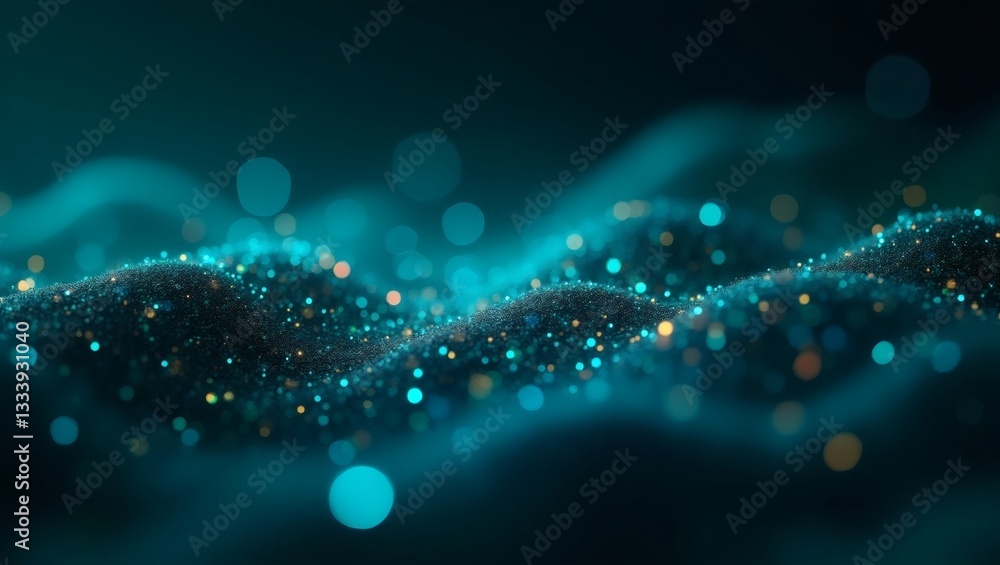 Poster glowing teal particles forming abstract shapes with bokeh effect, perfect for technology or science 