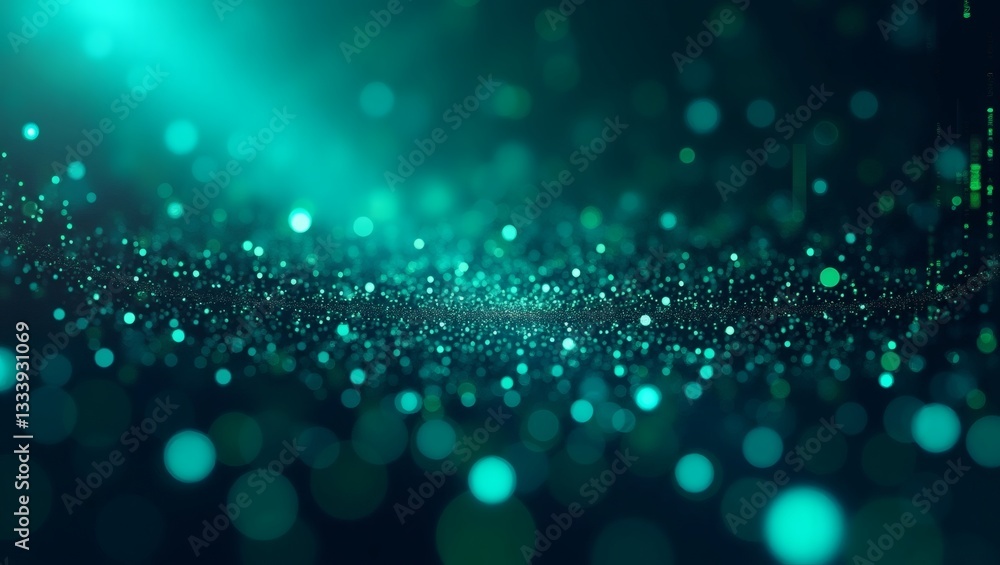 Poster a mesmerizing abstract scene composed of shimmering blue and green particles that are sparkling. The background is blurred, creating a dreamlike effect