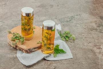 Kombucha Lemon balm beverage. Trendy natural product, healthy lifestyle. Organic probiotic drink