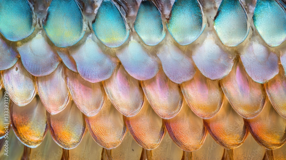 Poster close-up of colorful fish scales with vibrant patterns and texture