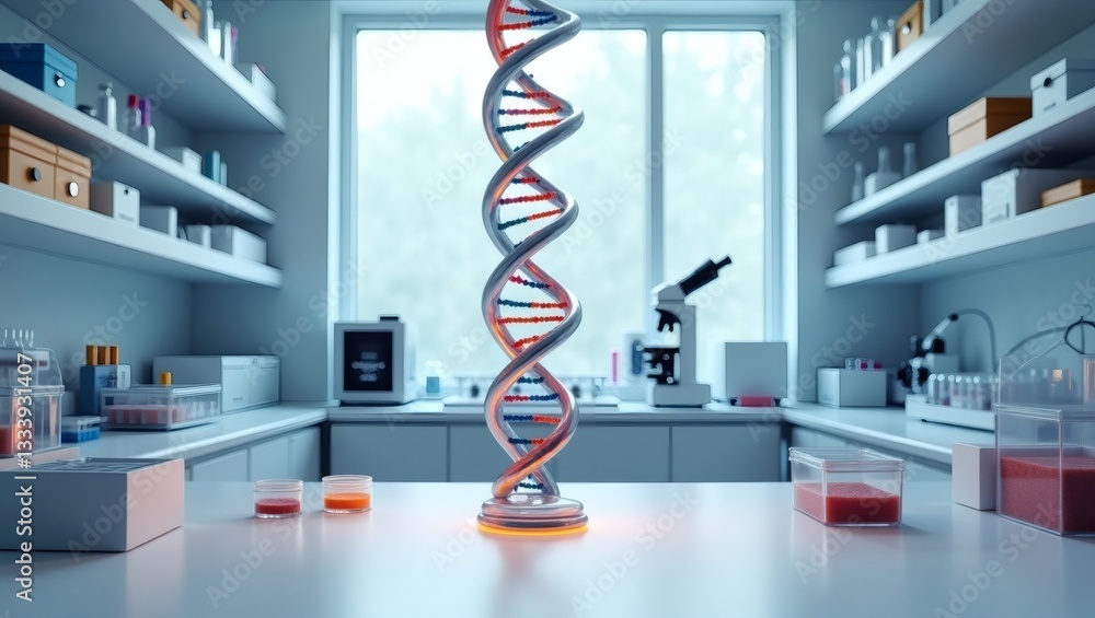 Poster a detailed image of a dna model on a lab table with various lab equipment and shelves, suggesting sc