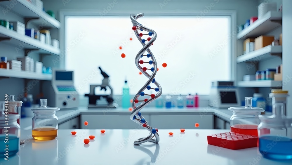 Poster a dna model prominently displayed on a laboratory table, surrounded by scientific equipment and medi