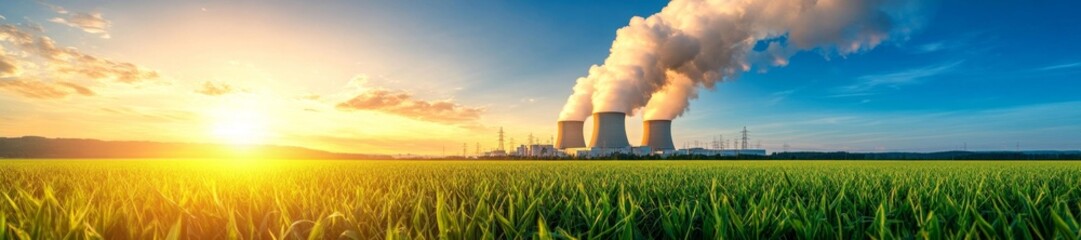 Industrial Power Plant Releasing Steam Into the Clear Blue Sky at Dusk. Generative AI