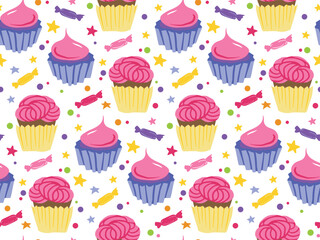 seamless pattern of colorful cupcakes, candies, and decorative stars on a white background. Ideal for fabric prints, wrapping paper, greeting cards, and digital designs.