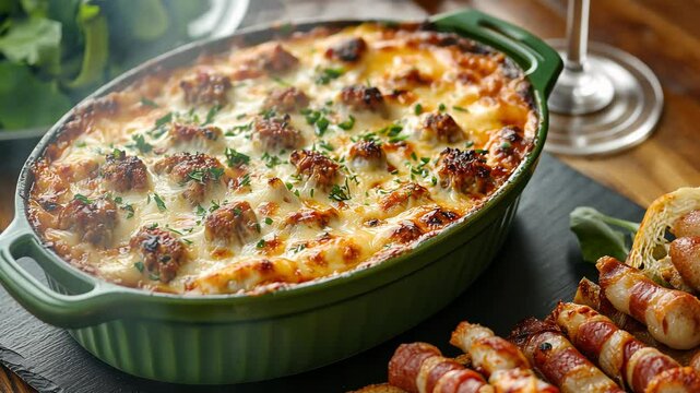 A vibrant green ceramic dish filled with a rich, creamy baked delight sits on a wooden table. Juicy meat skewers, wrapped in bacon and herbs, complement the dish, inviting shared enjoyment.