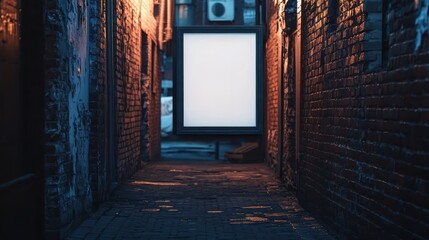 A narrow alley with a blank sign against brick walls
