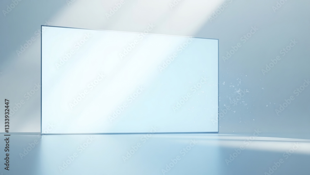 Aufkleber an empty transparent rectangular frame, casting shadows on the smooth surface, creating a modern and minimalist atmosphere