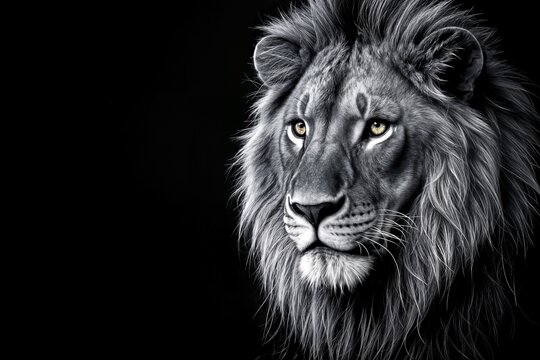 majestic male lion head against a completely black background creating a dramatic portrait una majestuosa cabeza de le&oacute;n macho sobre un fondo completamente negro creando un retrato dram&aacute;tico aslan