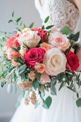 Stunning Bridal Bouquet: A Cascade of Coral, Peach, and Crimson Roses