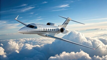 A sleek private jet soaring above clouds in a clear blue sky, showcasing luxury travel and aviation technology.