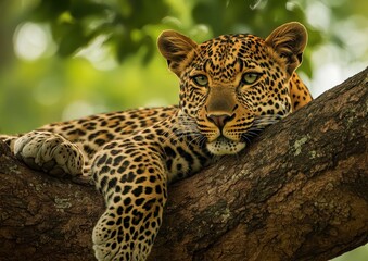 Obraz premium Majestic leopard resting on a branch in the lush green forest, showcasing vibrant fur patterns and piercing green eyes amidst the tranquil wilderness