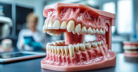 Lab demo of dental model. A realistic dental model is displayed on a table in a laboratory, with a person working diligently in the background.
