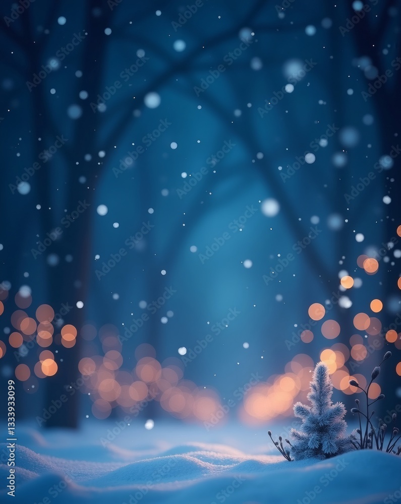 Poster winter wonderland scene, a serene snowy forest with bokeh lights. snowflakes gently falling adding a