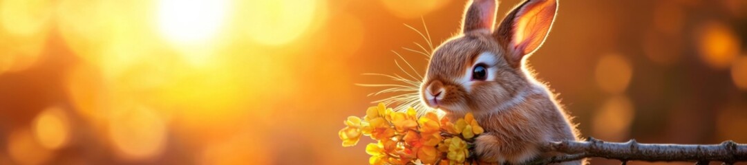 Obraz premium Fluffy rabbit with flowers in the golden hour light sitting on a branch. Generative AI