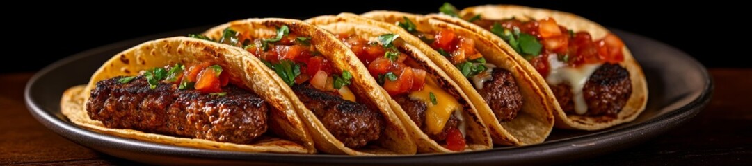 Gourmet Smash Burger Tacos on a Dark Plate Culinary Delight. Generative AI