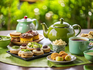 Tasty green-themed tea party with teapot and pastries. Delicious food and drink background