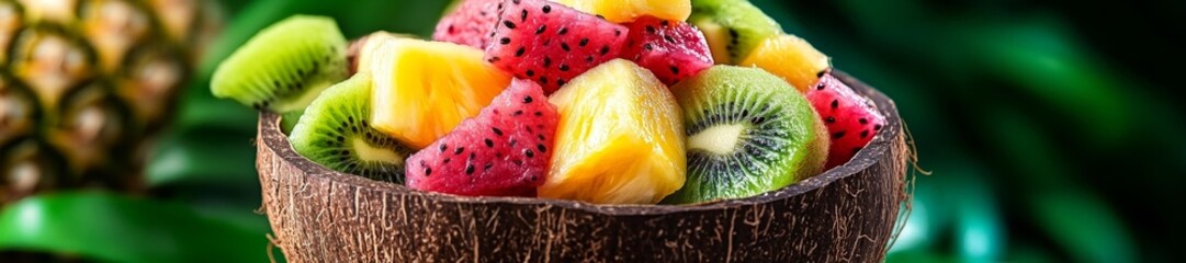 Tropical Fruit Salad in a Coconut Bowl with Kiwi Pineapple and Dragon Fruit. Generative AI