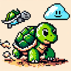 Obraz premium Pixel art turtle walking on solid background.