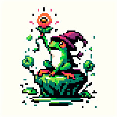 Pixel art frog with a smile on solid background.