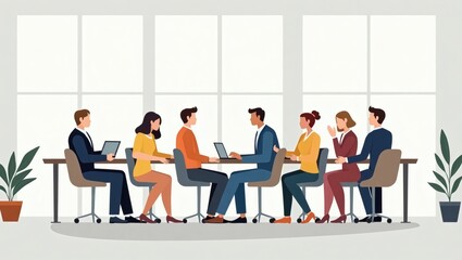 a business meeting illustration with people sitting around a conference table. The people are dressed in business attire and are working on their laptops.