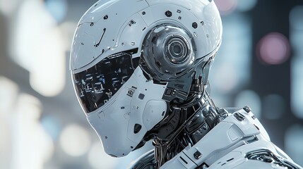 Fototapeta premium A futuristic humanoid robot with glowing red eyes in a cityscape