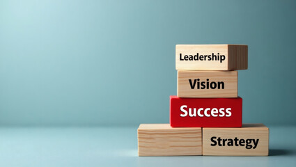 a wooden blocks with the word leadership, vision, success and strategy