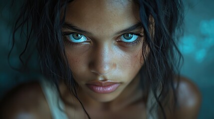 A melancholic mixed-race teenager girl, her eyes reflecting the weight of the world, stands defiantly, her gaze fixed on an unseen adversary, a symbol of bullying cruel grip.