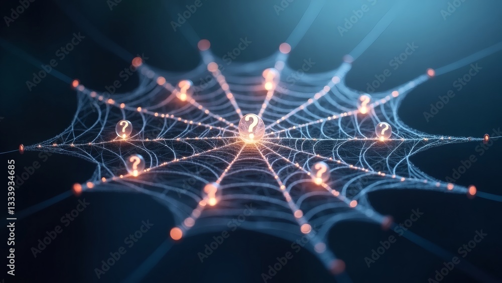 Poster a spider web with question marks. The web symbolizes mystery, the unknown, and problem-solving 