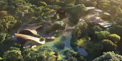 Aerial view of modern architecture in lush rainforest setting