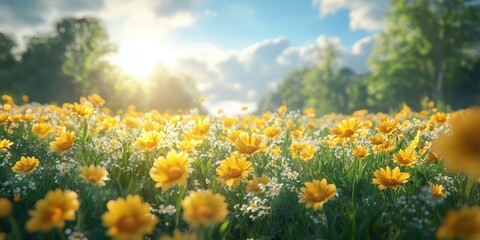 Obraz premium Vibrant field of yellow flowers under a bright sky during the golden hour in spring