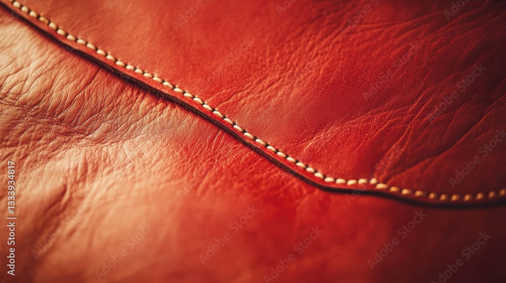 Poster close-up of red leather texture with detailed stitching pattern