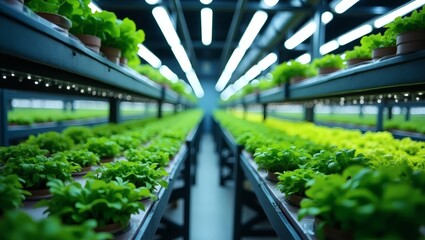 an indoor hydroponic farm with rows of vibrant green plants growing under artificial lights. The scene shows a sustainable agricultural system