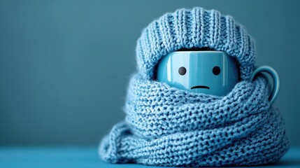A somber blue mug, adorned with a melancholic face, nestled within a cozy blue knit scarf, symbolizing the somber mood of Blue Monday, a stark contrast against the monochrome blue background.