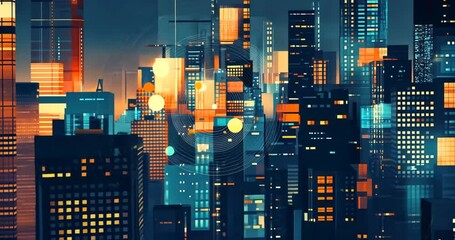 Futuristic Cityscape at Night with Orange and Blue Lights - Powered by Adobe