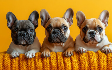 French bulldogs on orange blanket. Three cute French bulldogs chill on a bright orange background, highlighting their playful expressions.