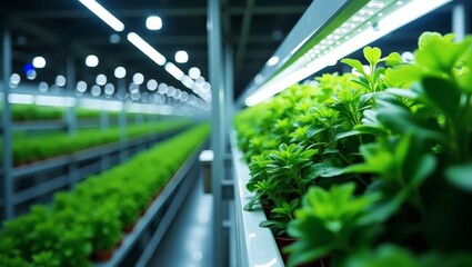 modern indoor plant cultivation under artificial lighting. rows of vibrant green plants thriving in a controlled environment, symbolizing sustainable agriculture and innovation