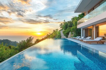 Fototapeta premium Luxurious Villa with Infinity Pool at Sunset Over Coastal Landscape