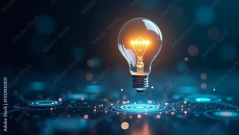 Aufkleber glowing light bulb against a technology-themed background symbolizing innovation and creativity. the