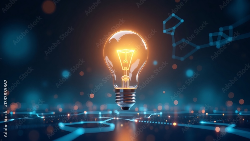 Poster glowing lightbulb representing a new idea in a futuristic digital network. The lightbulb is at the center, illuminating a digital world.
