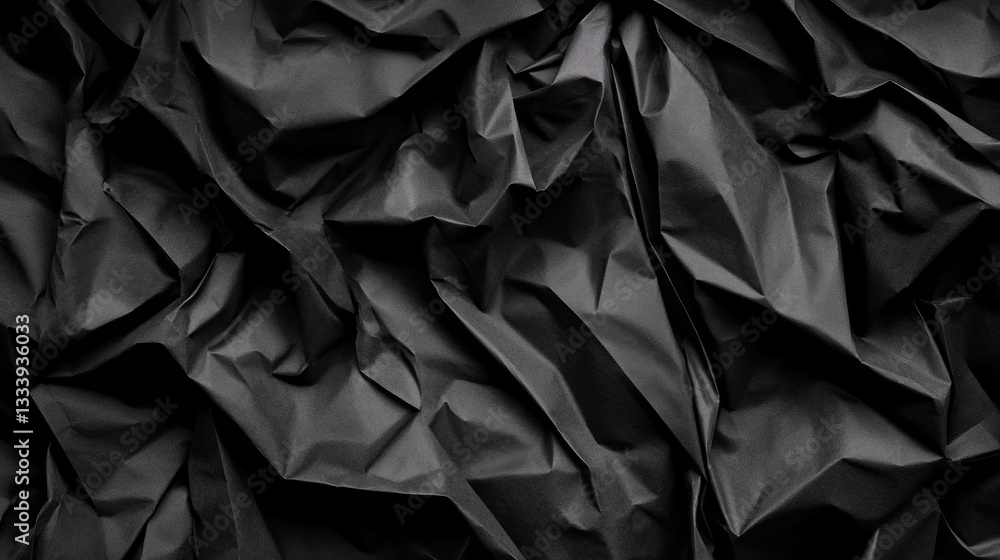 Poster abstract texture of black crumpled paper with intricate wrinkles for creative background design