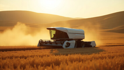 Fototapeta premium a combine harvester working in a golden field, creating dust as it harvests the grain under a beautiful sky