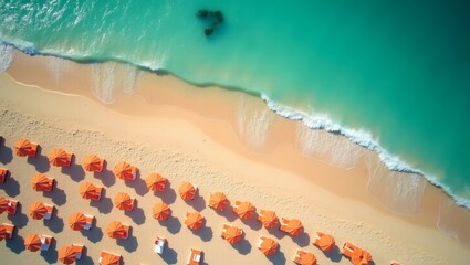 aerial view of the scenic beach with a turquoise ocean, sand, and orange umbrellas 