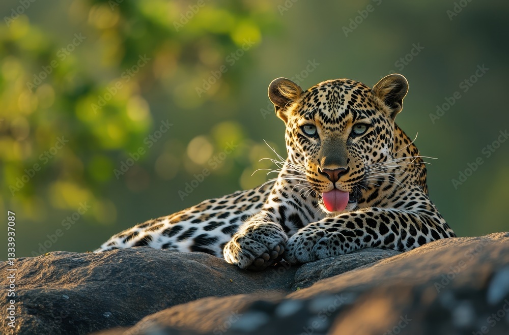 Poster majestic leopard resting on a rock in a lush green environment with vibrant sunlight and soft backgr