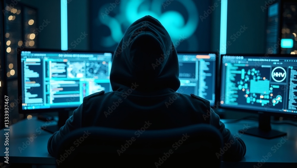 Poster a hooded figure in a dark room working on computer hacking. The scene is illuminated by the blue glow of multiple computer screens