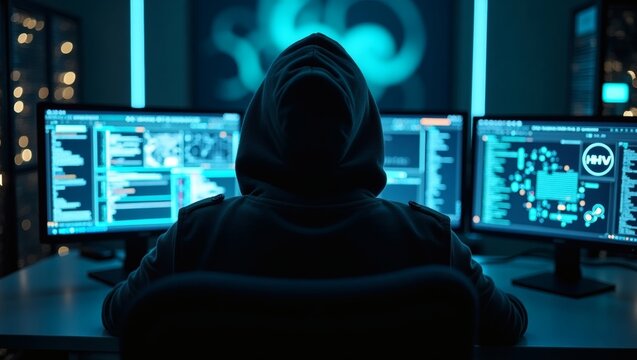 a hooded figure in a dark room working on computer hacking. The scene is illuminated by the blue glow of multiple computer screens