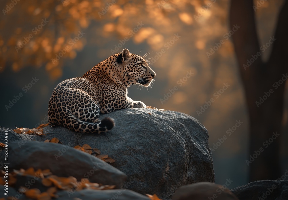 Poster majestic leopard resting on a rock surrounded by autumn leaves in a sunlit forest setting with soft 