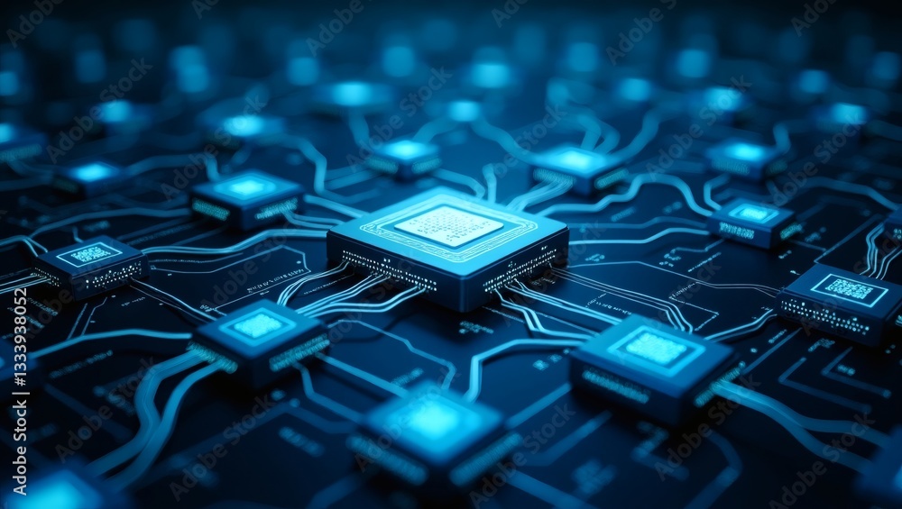 Poster glowing electronic circuit board symbolizing advanced technology and connectivity