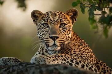 Obraz premium Majestic Leopard Resting on a Rock with Beautiful Background in Nature, Captivating Wildlife Photography of a Leopard in Its Habitat