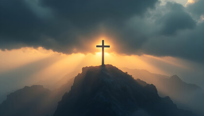 Christian cross, crucifixion on beautiful mountain rock at sunrise landscape. jesus easter resurrection concept. Good Friday. Religion, Bible, Christianity and faith concept